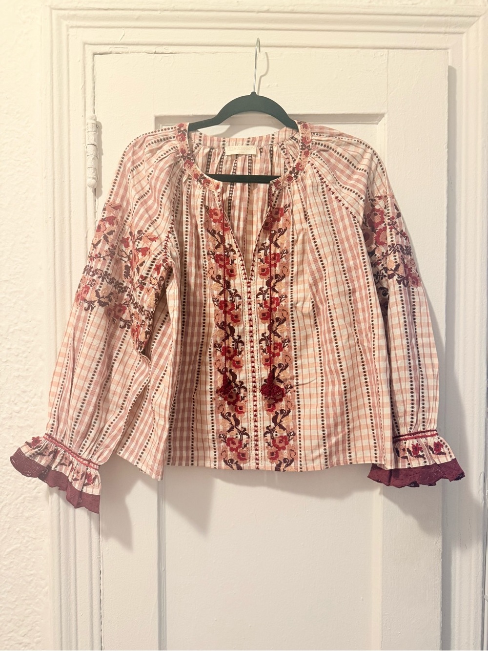 Ulla Johnson Emi Cream and Burgundy Embroidered Peasant Blouse